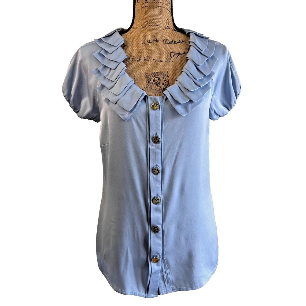 Antonio Melani Silk Blue Ruffle Collar Puff Sleeve Button Front Blouse Top Sz M